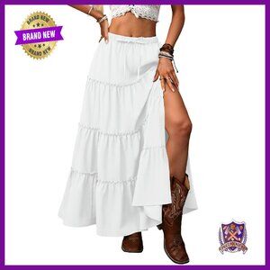 Summer Maxi Skirt with Slit, Elastic Waist, Pockets - Boho A-Line